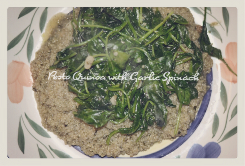 Pesto Quinoa topped with Garlic Sautéed Spinach